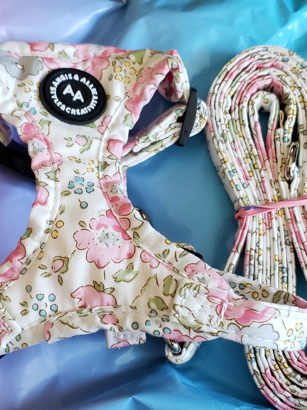 XS Angie & Allie Floral Pink Dog Harness and Leash Set